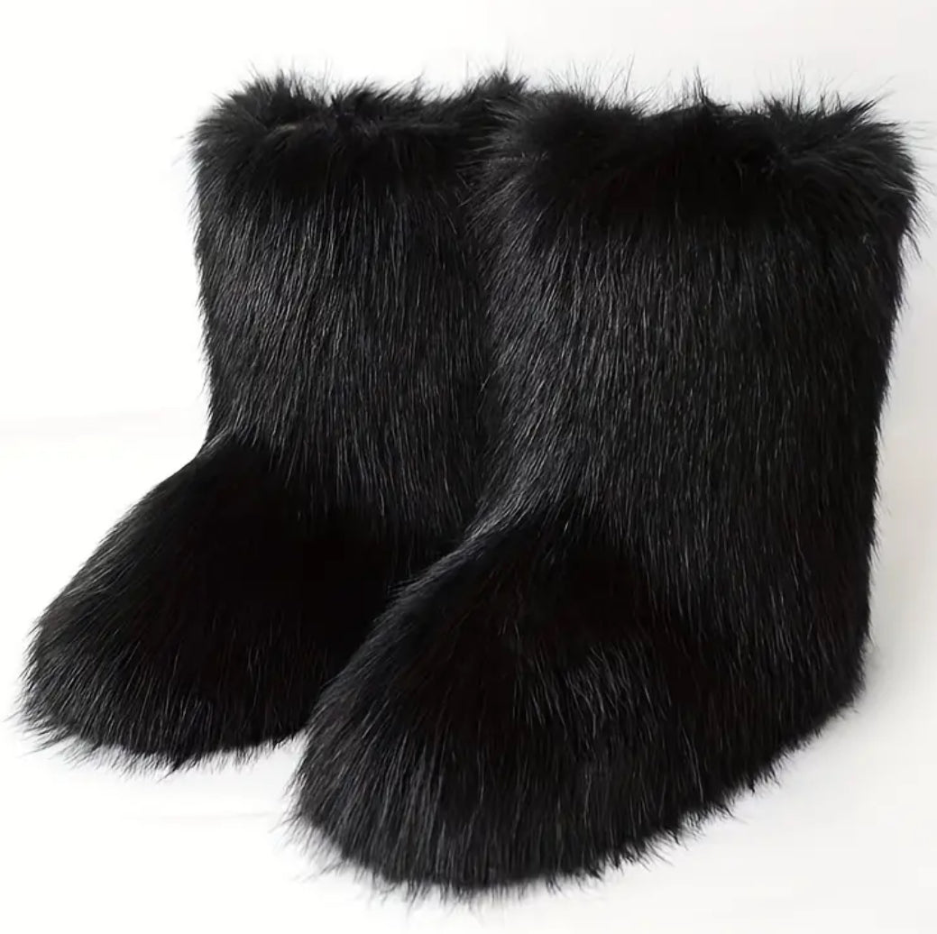 “Elegance Faux Fur Boots” Women’s, Mid-Calf, Slip-On, Comfortable Plush Lining, Durable Rubber Sole