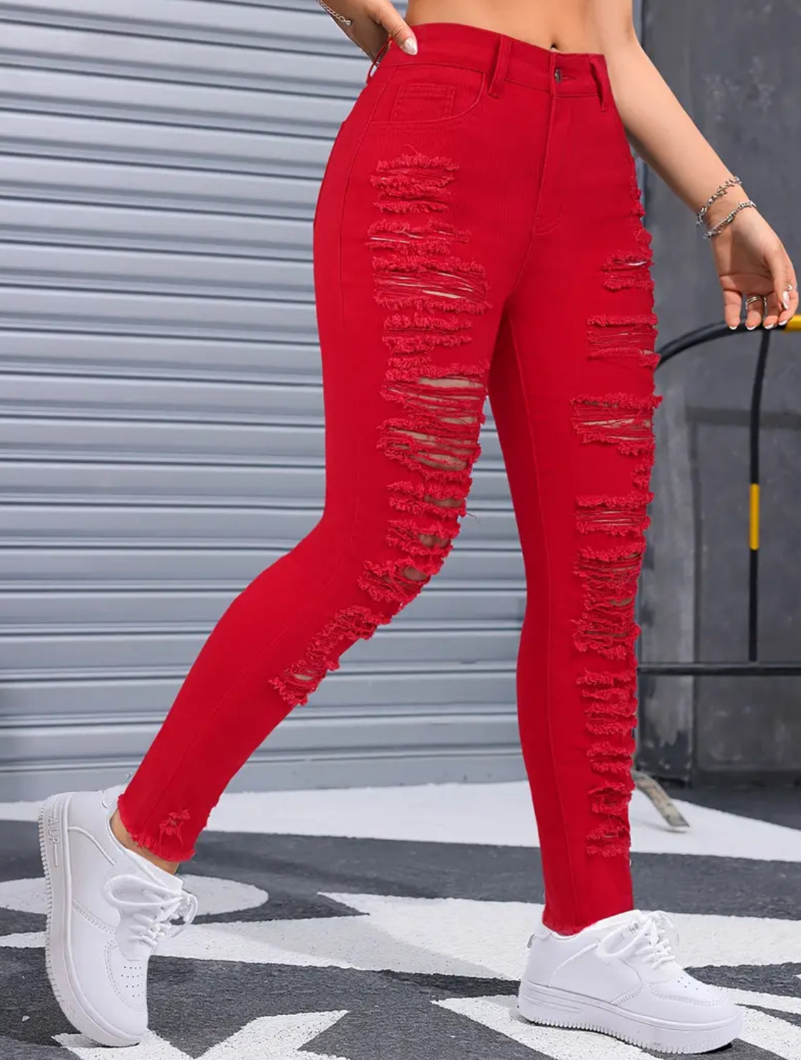 Distressed Red Sexy Zipper Button Closure, Ripped Women's Denim Jeans