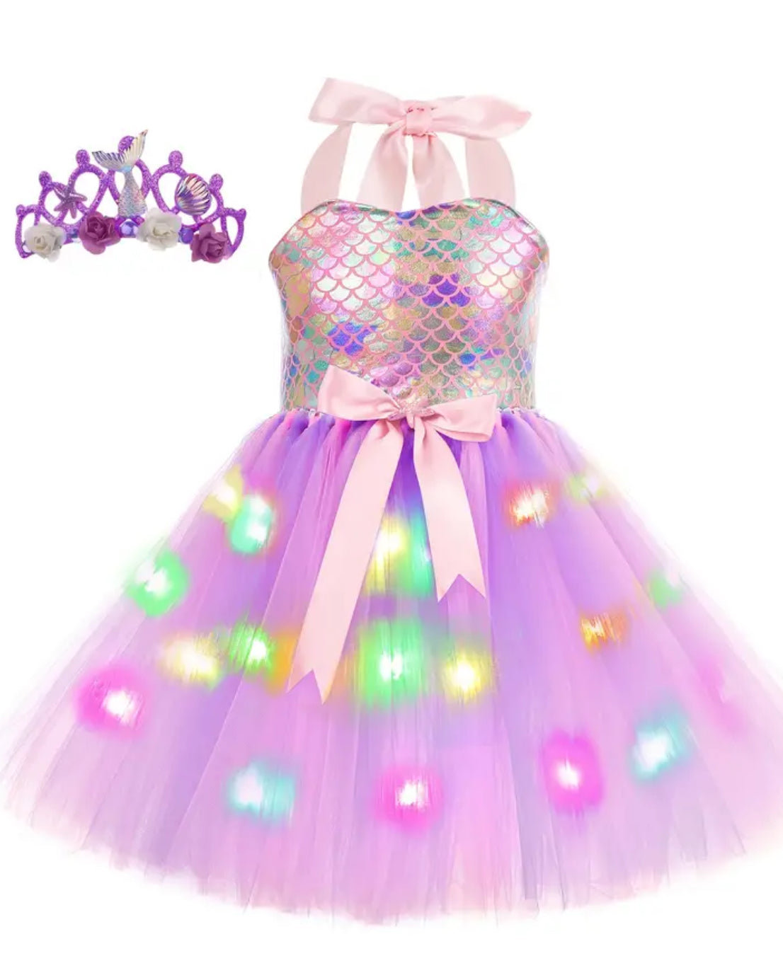 Vestido de sirena con luces LED para niñas y diadema