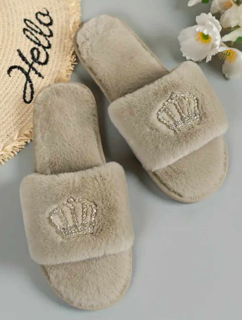 Cozy & Fuzzy “Rhinestone Crown Plush Slippers” Open Toe Soft Sole