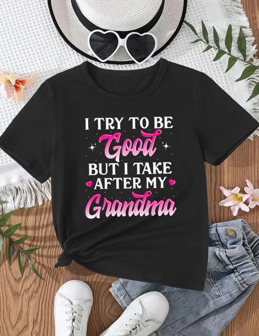 Camiseta gráfica vibrante inspirada en la abuela “Intento ser buena” para niñas