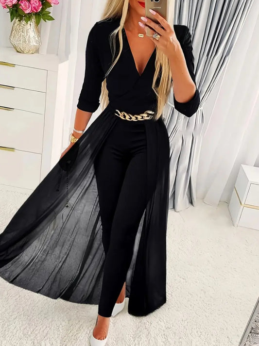 Coal Mesh Panel Jumpsuit, Non-Sheer, Elegant V-Neck, Gold Buckle Accent Belt