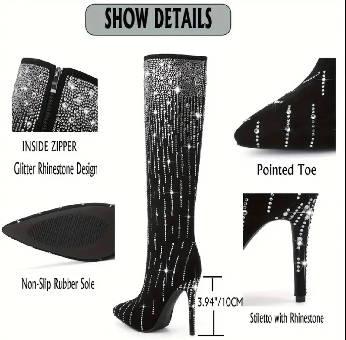 “Black Suede” Glitter Rhinestone, Pull On Zipper Stiletto High Heel Pointed Western Cowgirl Knee High Tall Boot