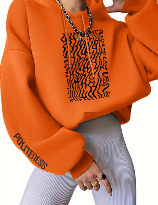 “Politeness” Orange Casual Long Sleeve Hooded Sweatshirt, Drawstring