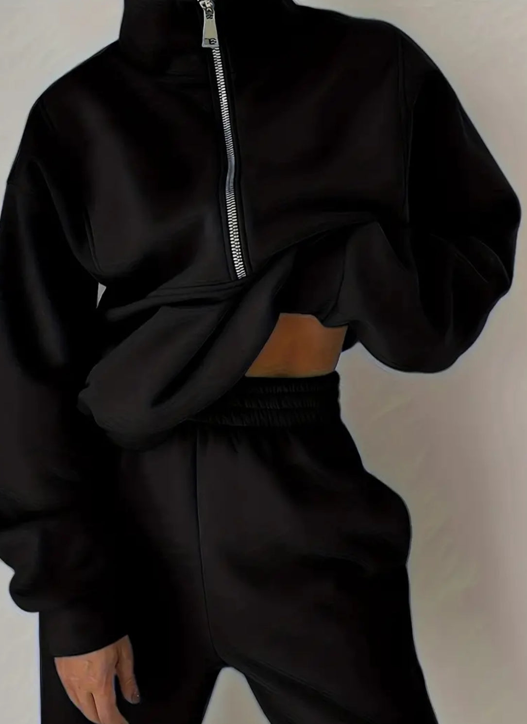 “The Hottie” Two-Piece Casual Outfit Set - High Neck Zipper Sweatshirt and Mid-Elasticity Solid Sweatpants