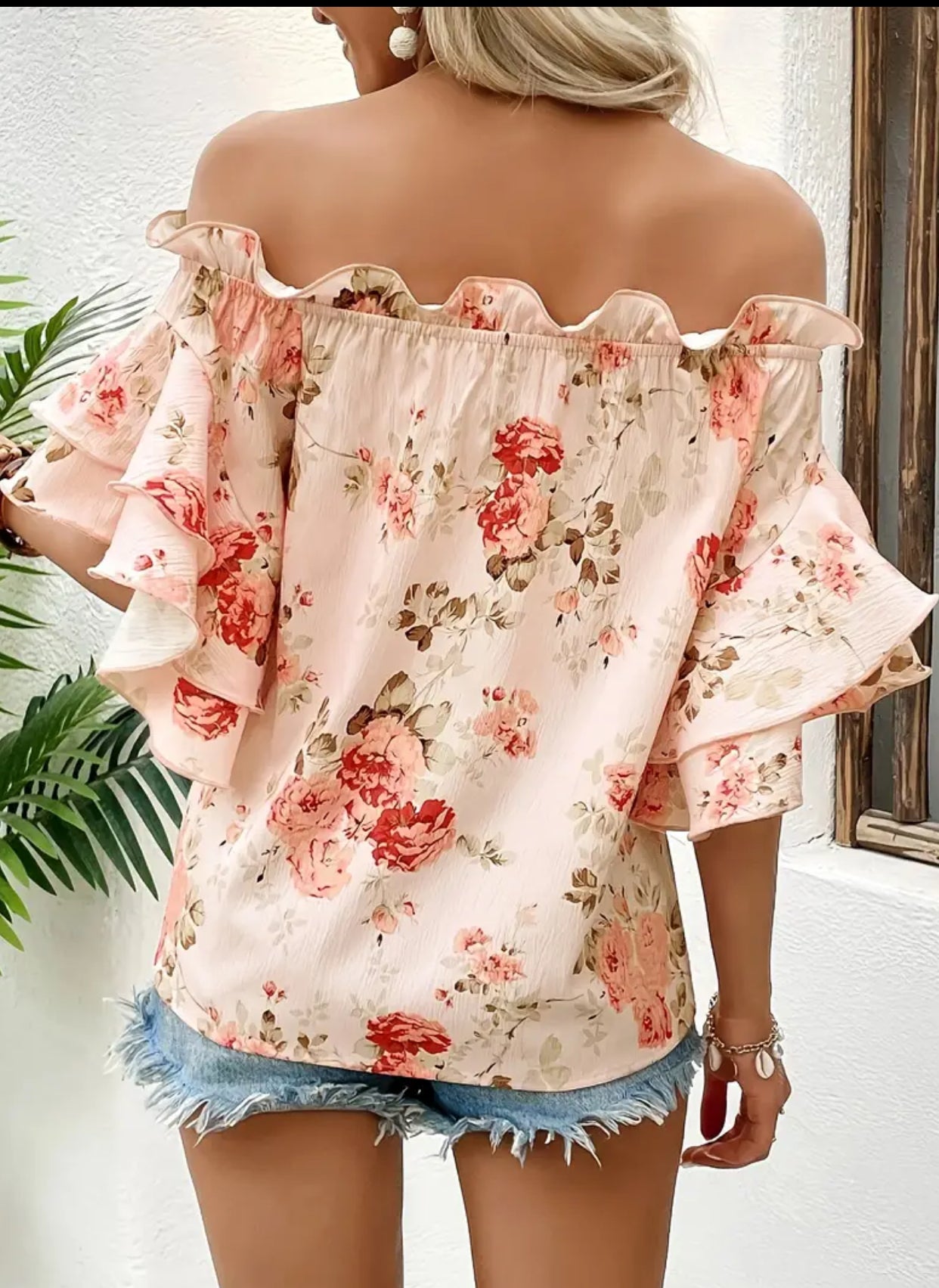 Blusa con hombros descubiertos y estampado floral para mujer: blusa informal con mangas con volantes para primavera y verano