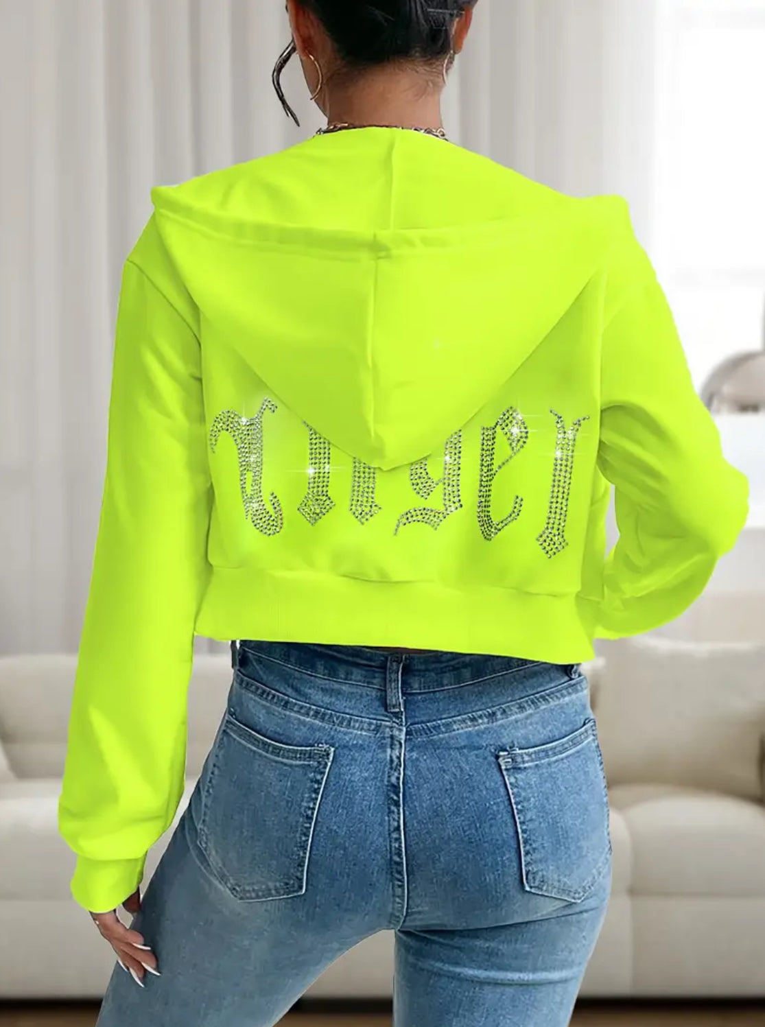 “Angel Neon U” Neon Green Casual Drop Shoulder Long Sleeve Hoodies Sweatshirt, Zipper Front