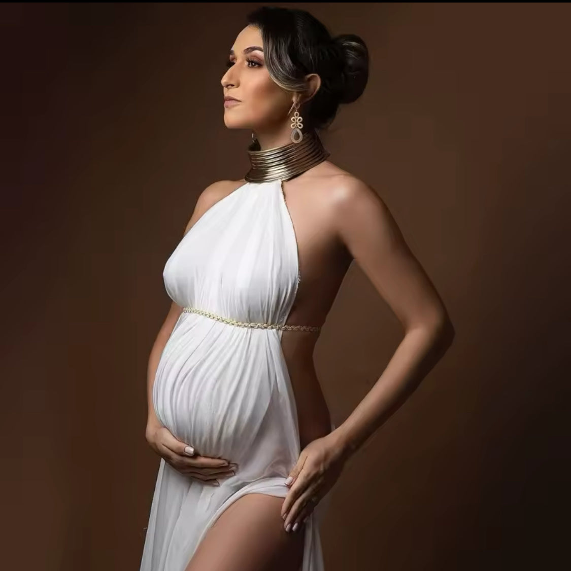 Maternity Photography Elegant White Long Dresses & Gold Leather Accessories