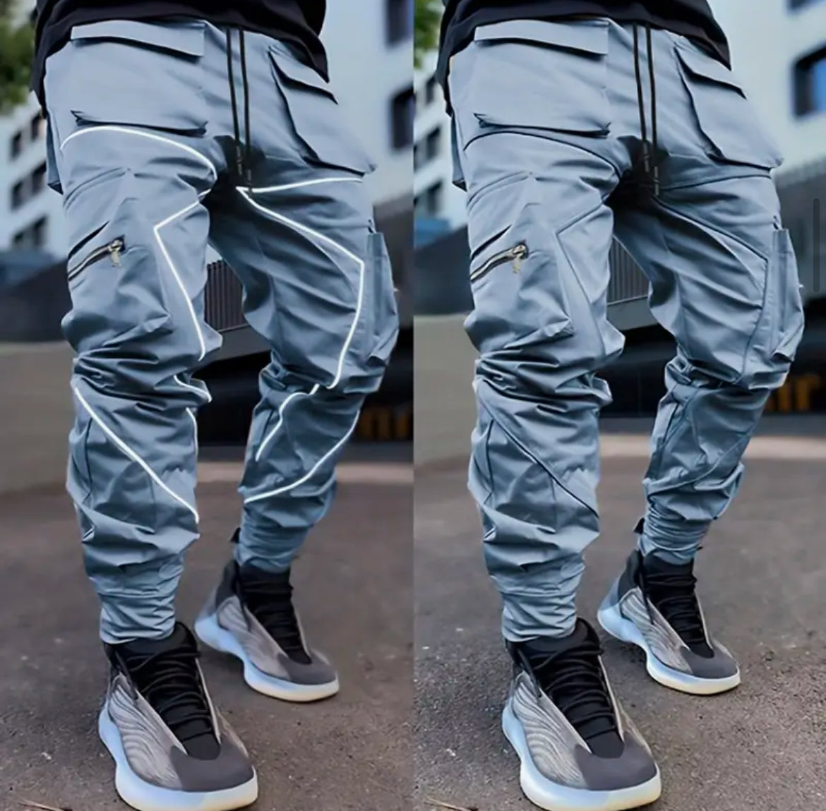 Men's Cargo Pants - Loose Straight Sports Joggers with Multi Pockets & Reflective Details