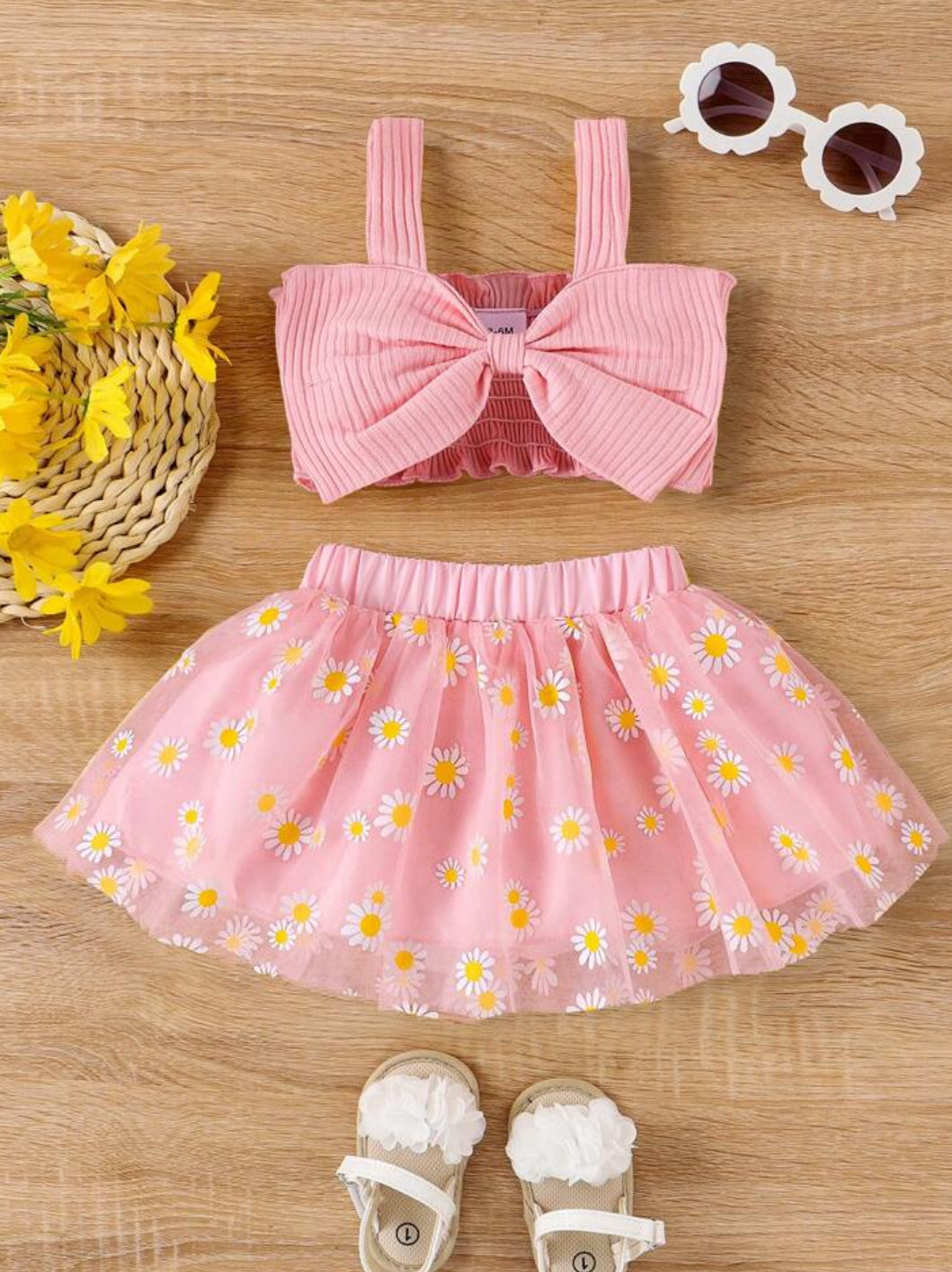 Baby Girl Bowknot Tank Top & Daisy Tulle Skirt Set