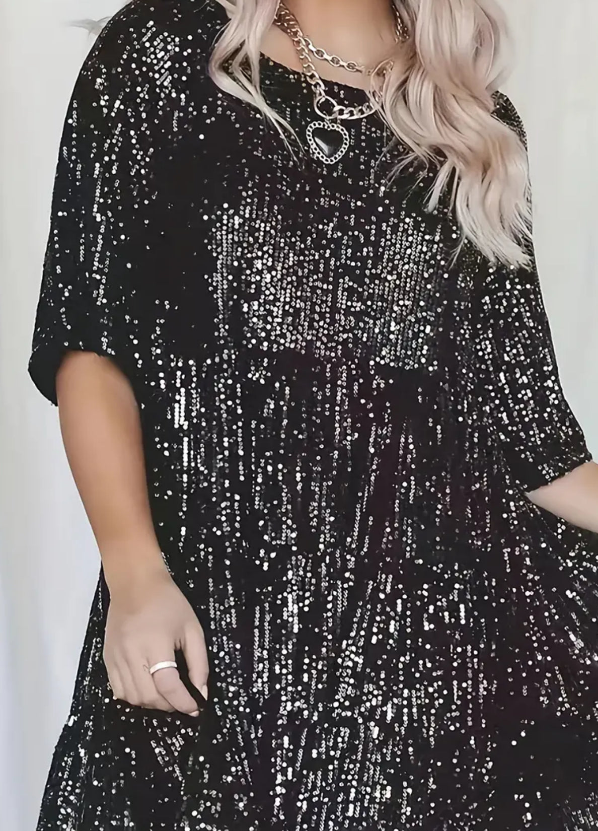 “Black Sequined Elegance” Half Sleeve Crew Neck, Loose Dress, Plus