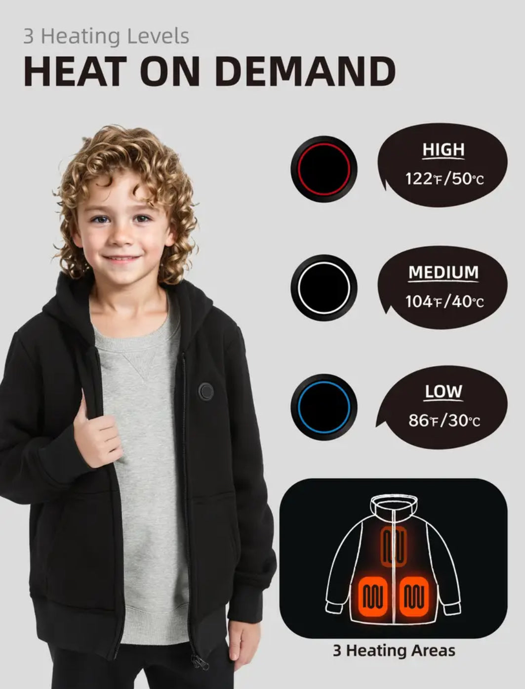 Kids Heated Hoodie Jacket, Full-Zip With 5V Battery Pack