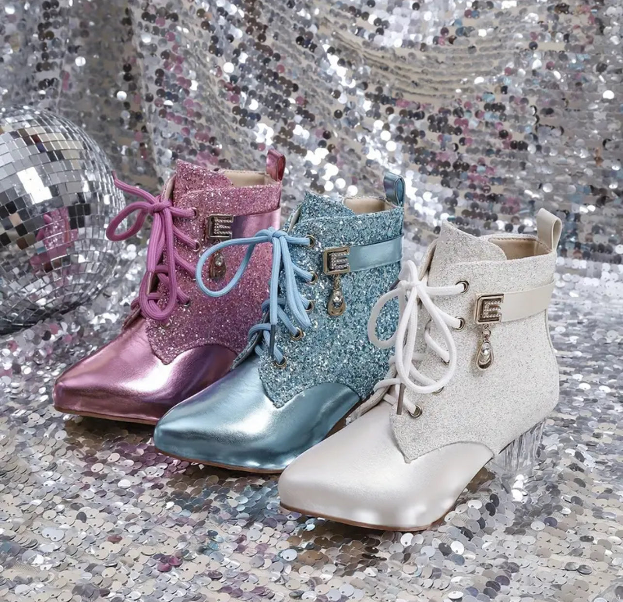 Sparkling Lace-Up Ankle Boots with Crystal Chunky Heel - Pointed Toe, Side Zipper, PU Cover, Posh 💋 Women’s & Teens