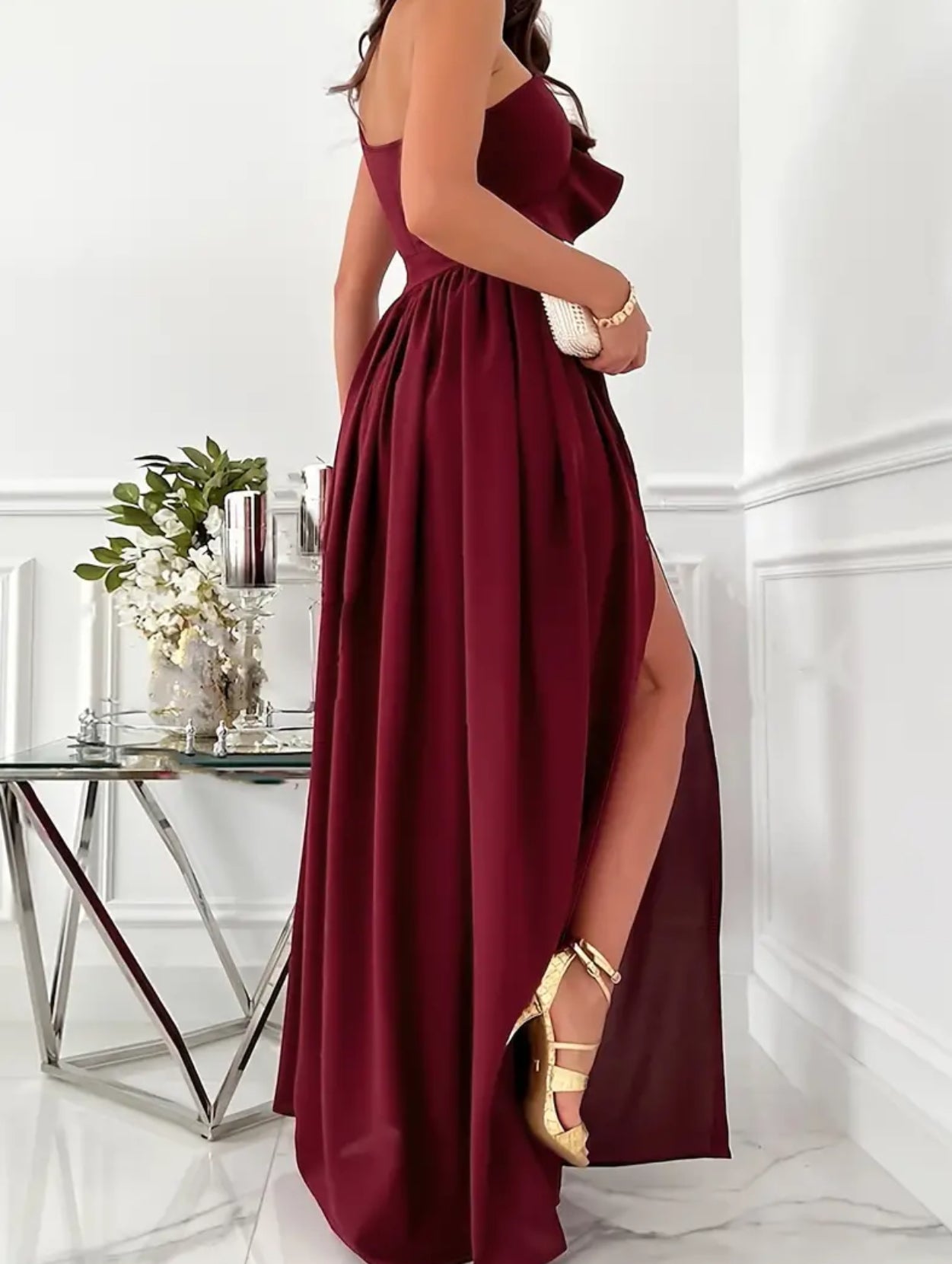 “Lady in Red” Ruffle Trim One Shoulder Dress, Elegant Split Ruched Floor Length Dress