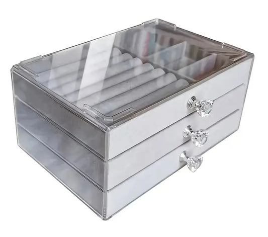 Velvet Acrylic Jewelry Storage Box with 3 Drawers, Stackable and Displayable