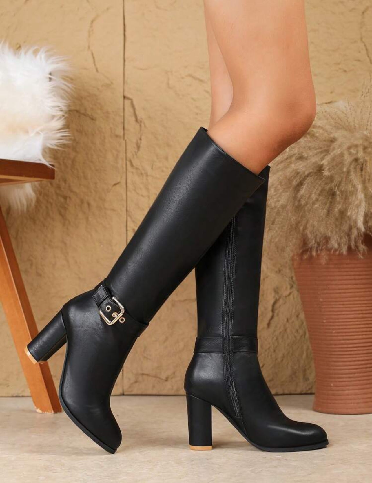 “Sleek” Versatile- Velvet Lining, Brown Thick Heel, European And American Style Pointed Toe High Heel Riding Boots, Over The Knee, Buckle Decor, Warm And Comfy 🔲