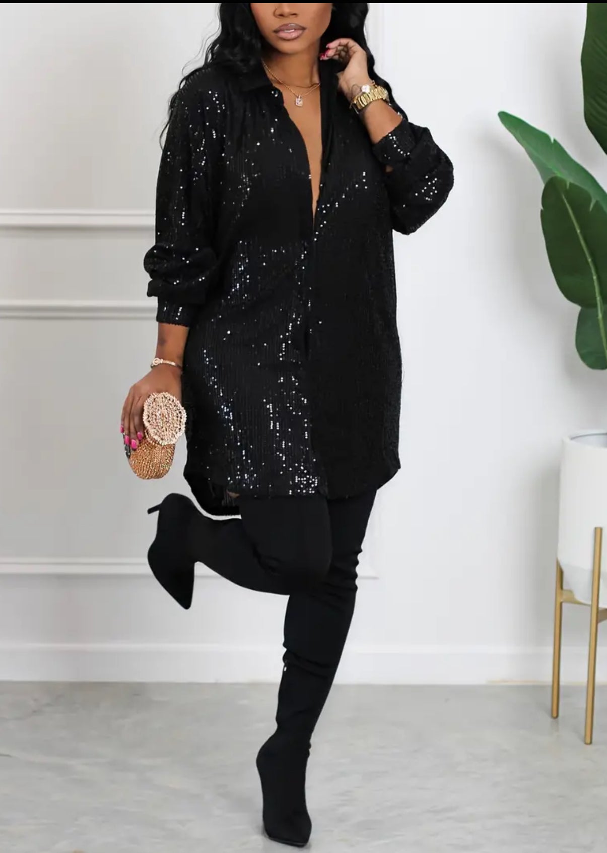 Plus Size Party Dress, Women's Sequin Button Up Long Sleeve Shirt Dress