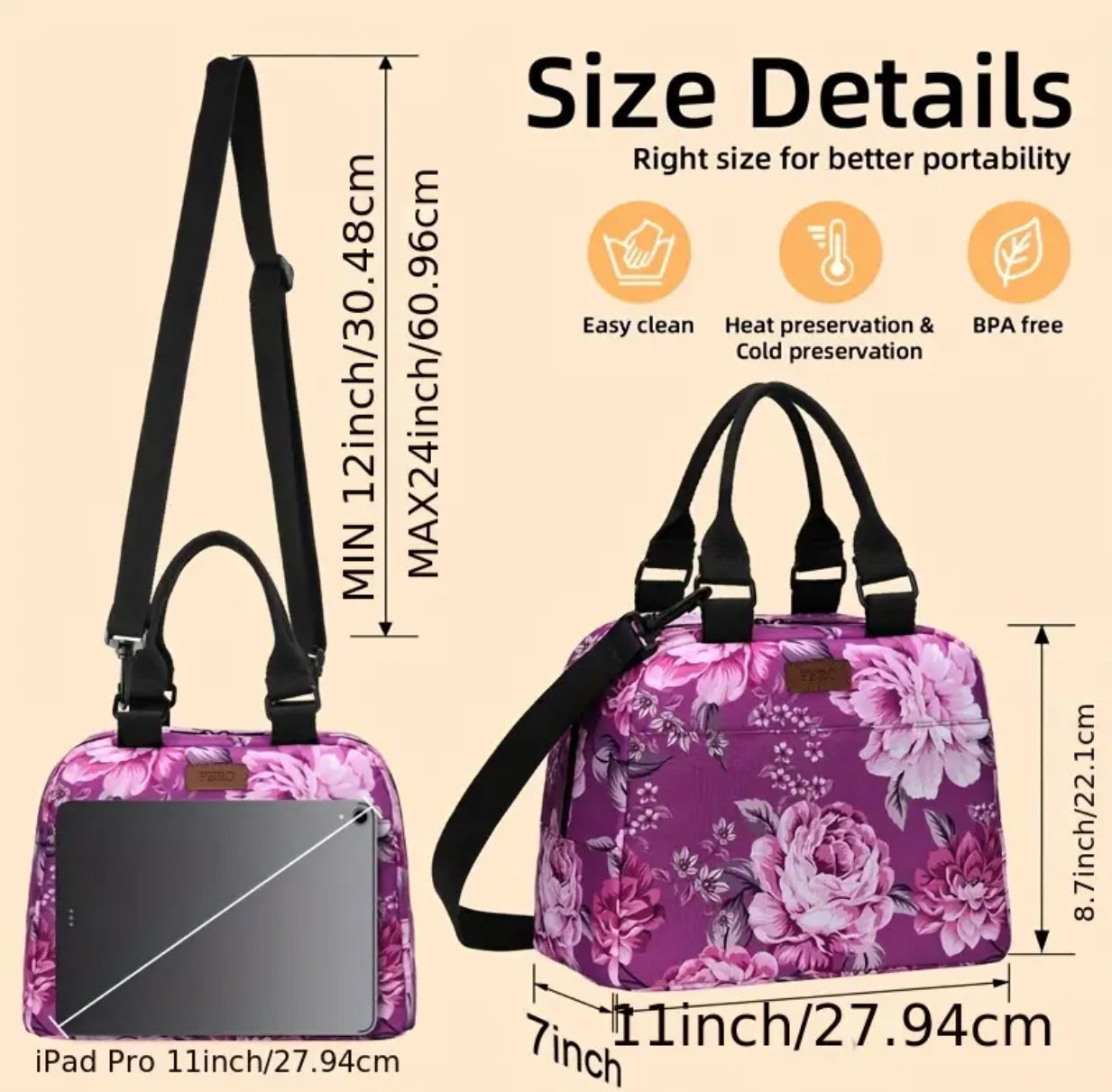 Floral Insulated Lunch Bag, Large Wide with Adjustable Shoulder Belt