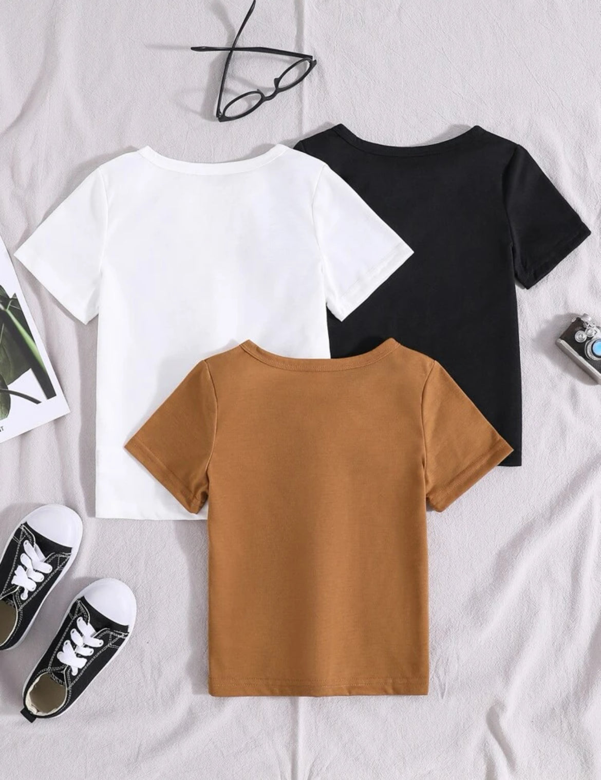 Button Detail Notched Neck Tee, 3pcs