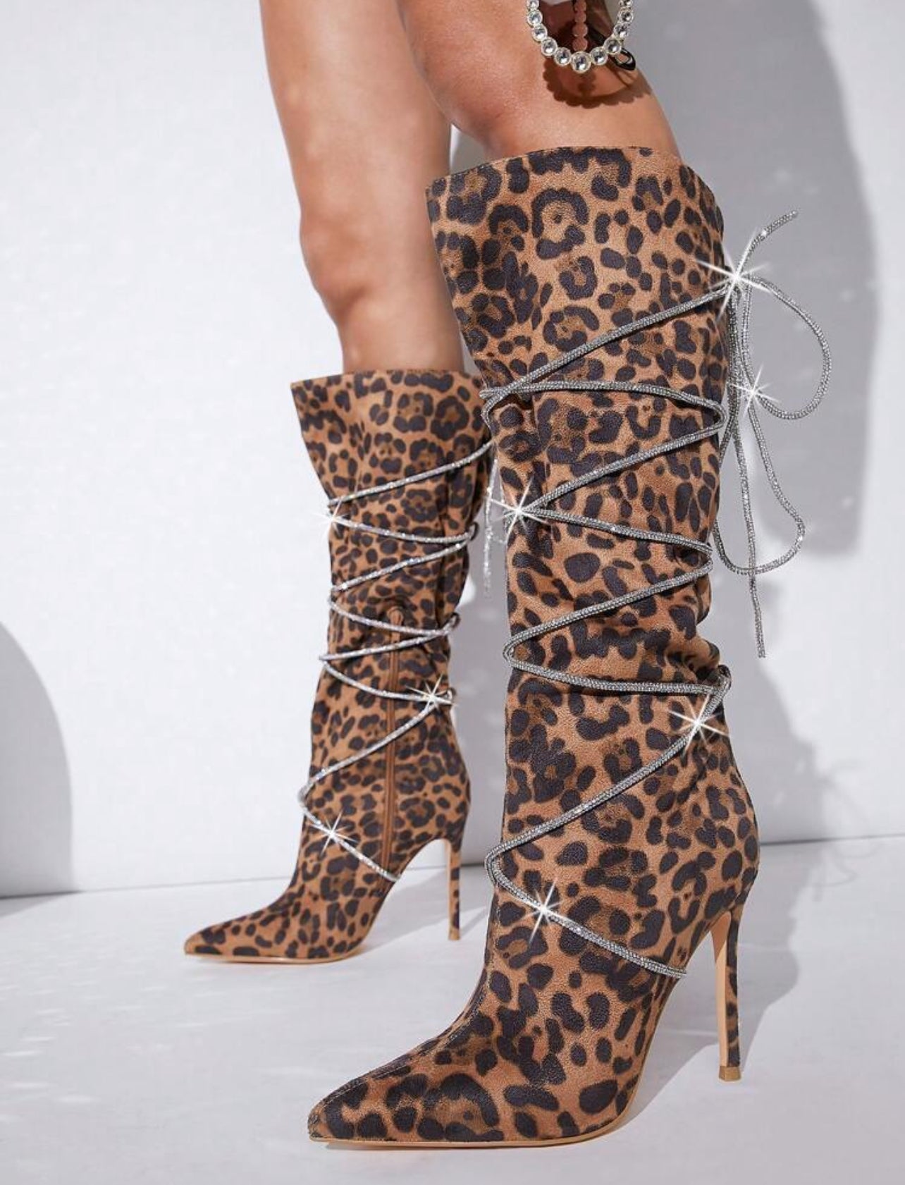 “Rhinestone Lace Up” Stiletto Heeled Boots, Leopard or Black