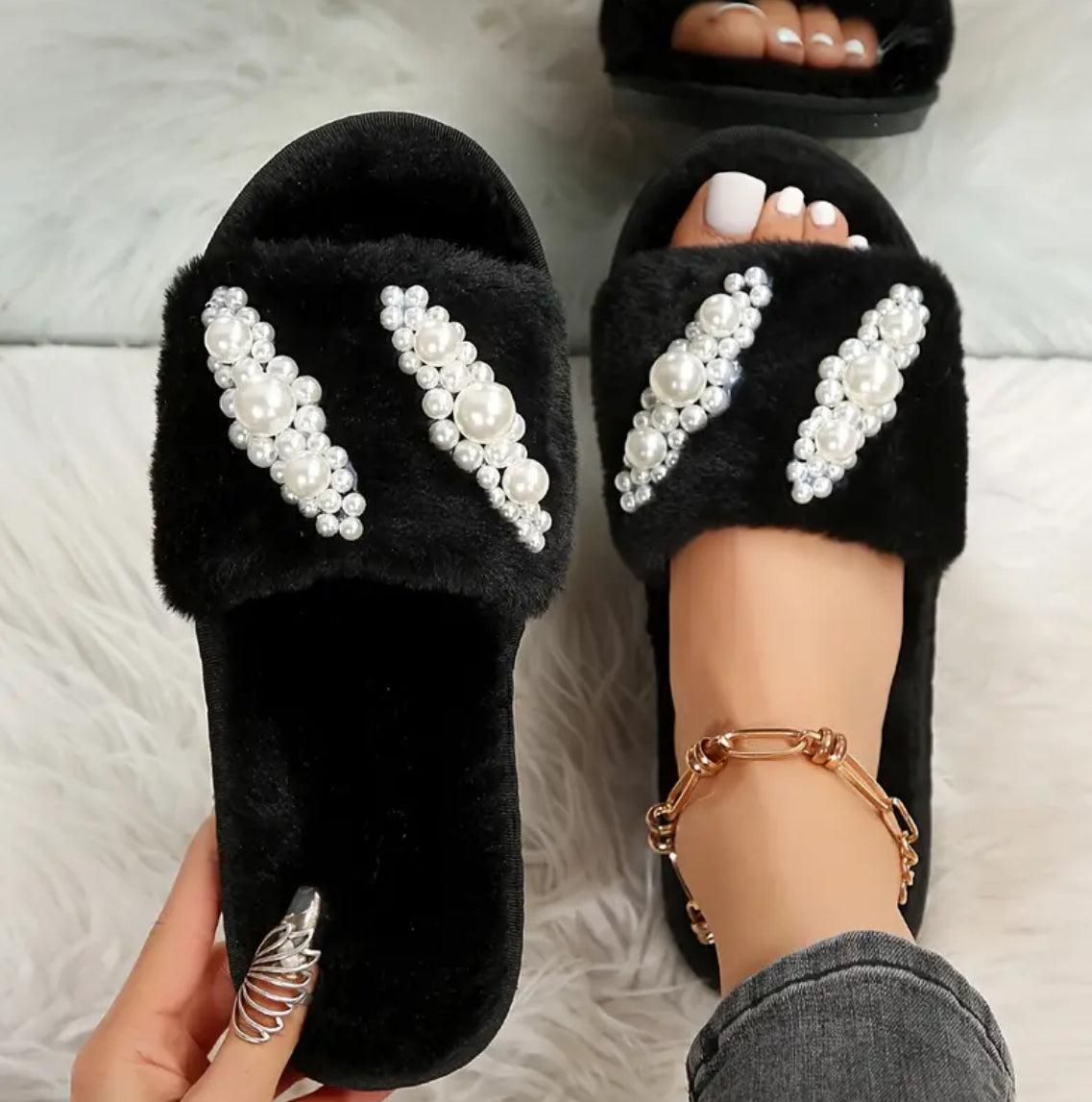 Winter Plush Comfort Slippers - Faux Pearl Accents