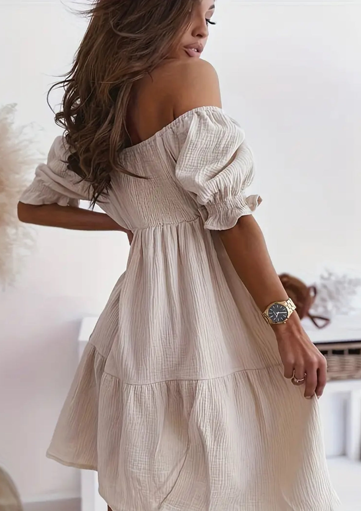 “Juliet” Off Shoulder Smocked, Loose Casual Dress