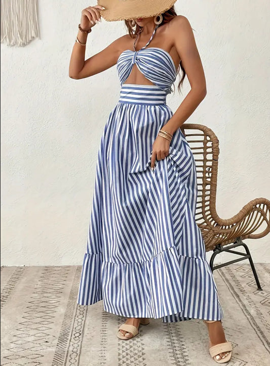 Striped Cut Out Halter Neck Dress, Vacation Style Open Back Maxi Dress