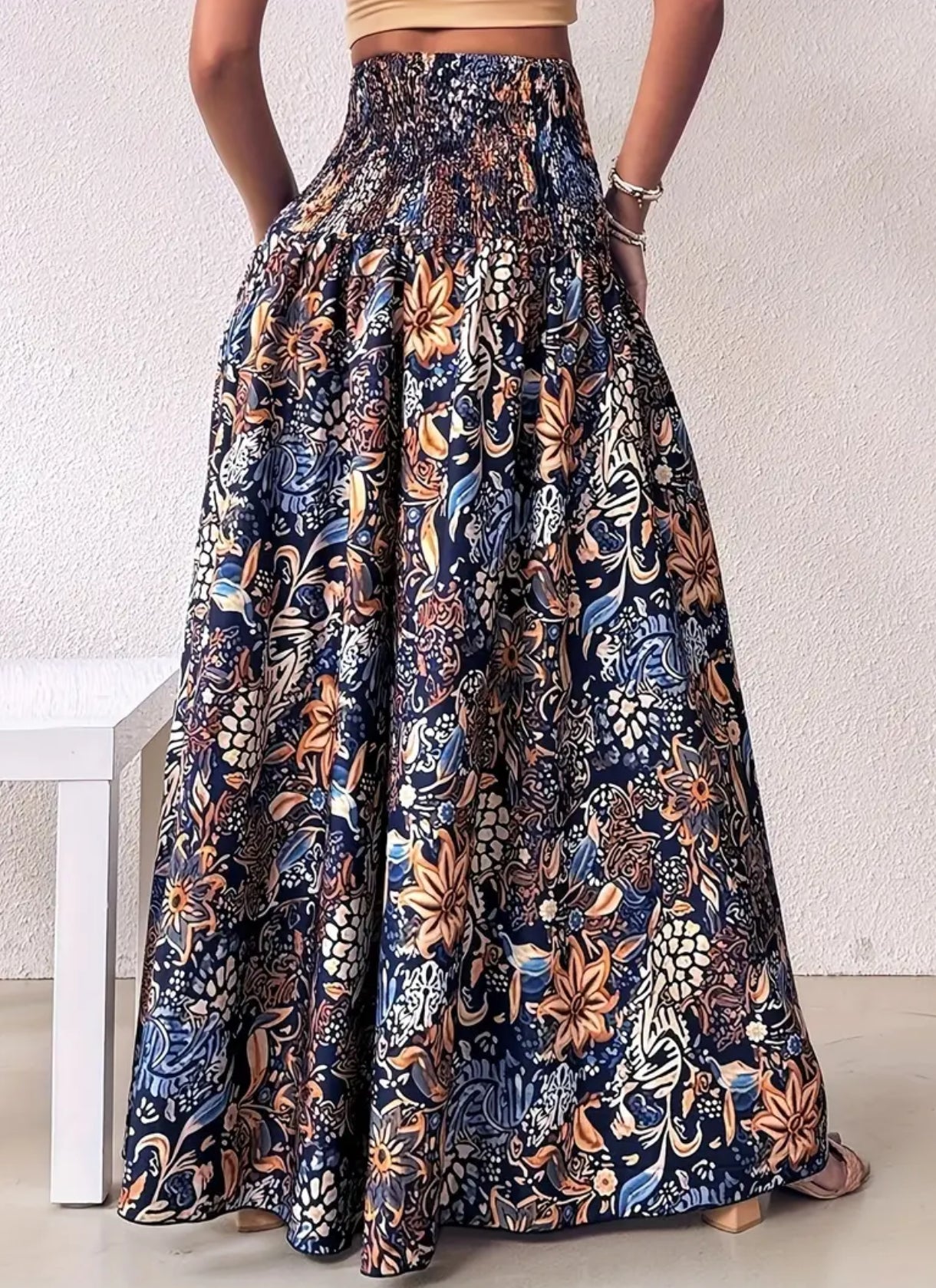 “Boho Floral” Shirred Waist, Floor Length, Wide Leg Pants 🔹