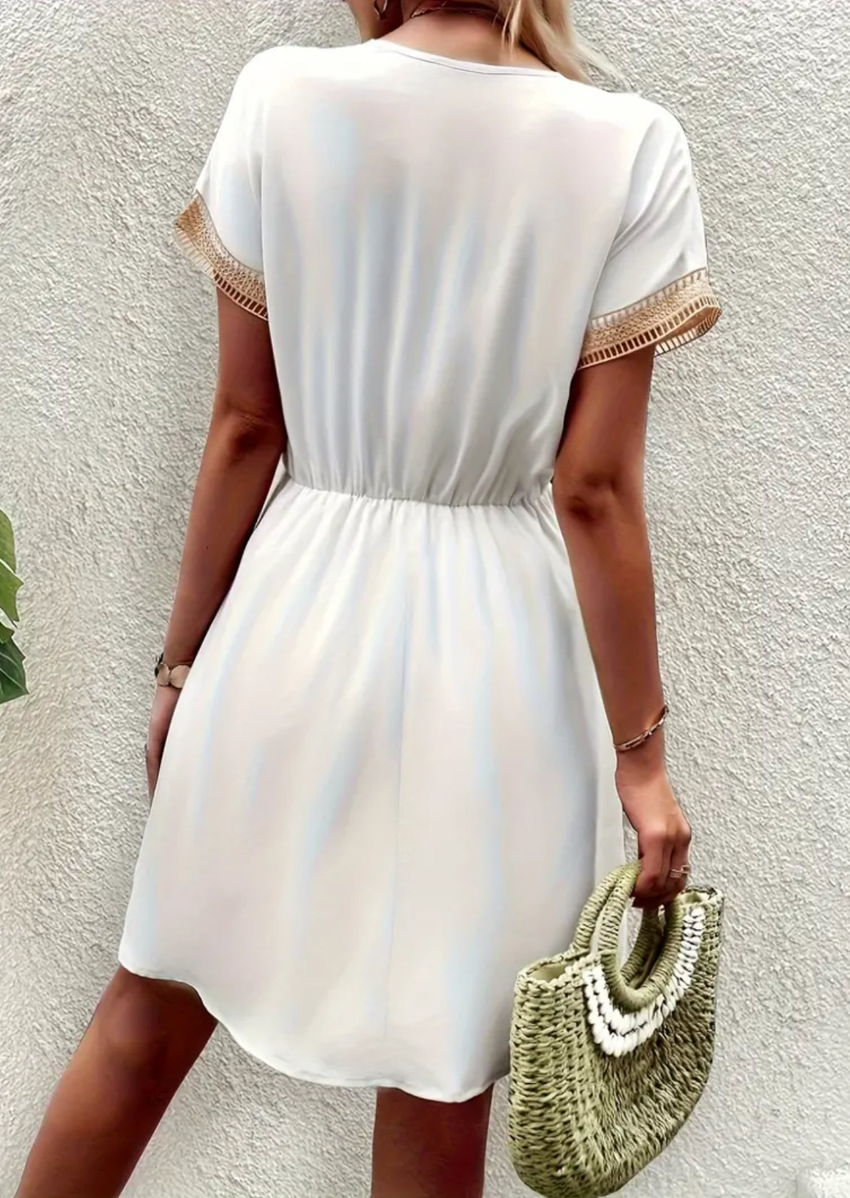 Lace Trim V Neck, Elegant Short Sleeve Dress