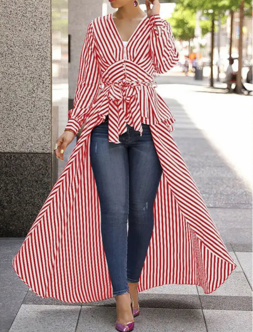 Casual Fashion Bosses, Women Stripe, Long Sleeve V-Neck Blouse