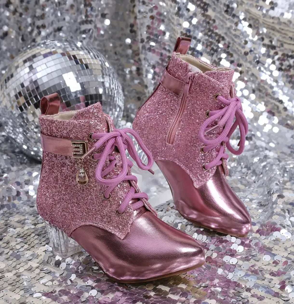 Sparkling Lace-Up Ankle Boots with Crystal Chunky Heel - Pointed Toe, Side Zipper, PU Cover, Posh 💋 Women’s & Teens