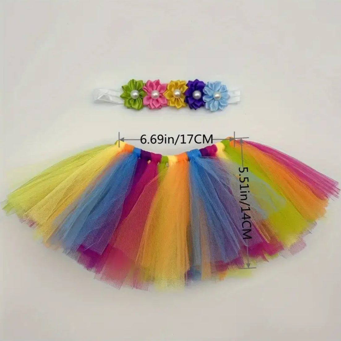 Rainbow Color Baby Skirt Tutu Set with Flower Beads Headband, 🌈