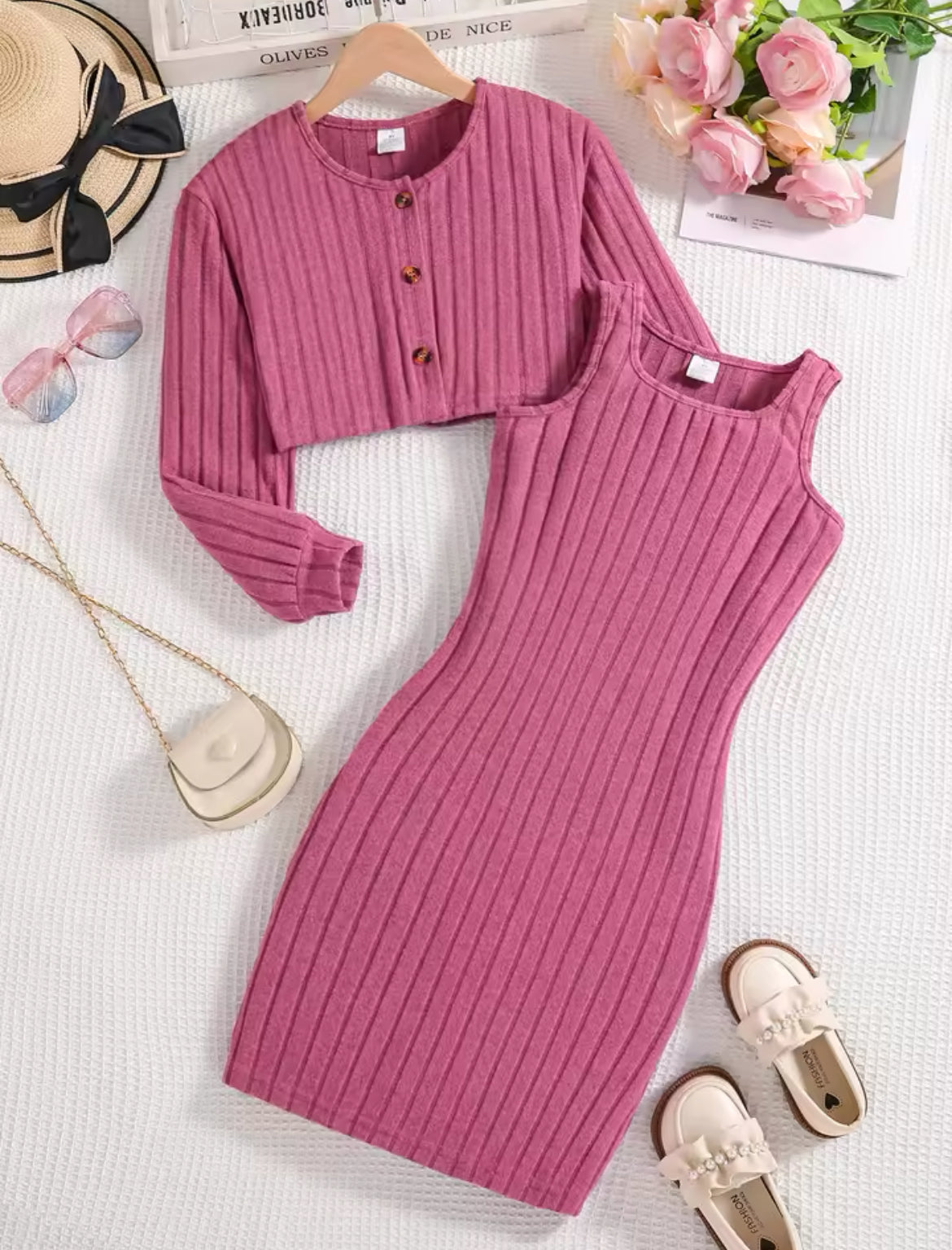 Teens Long Sleeve Cardigan + Sleeveless Dress