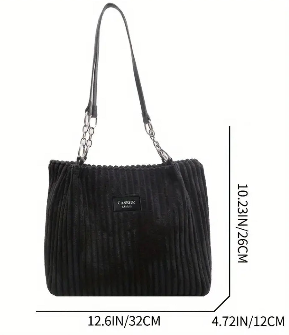 “Soft Lilibeth” Striped Corduroy Shoulder Bag with Chain Detail, Large Capacity Handbag, Soft Feel, Crossbody Carry,