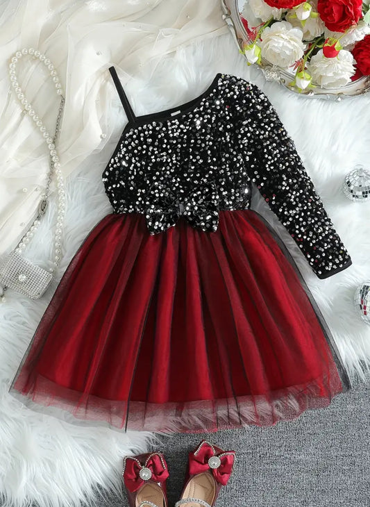 “The Holidays” Dress with Black Sequins & Bow - Perfect for Parties, Youth