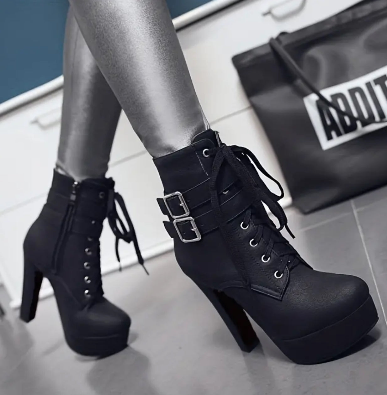 Stiletto Heel Boots with Stable Block Base - Secure Buckle Ankle Strap - Lace Up