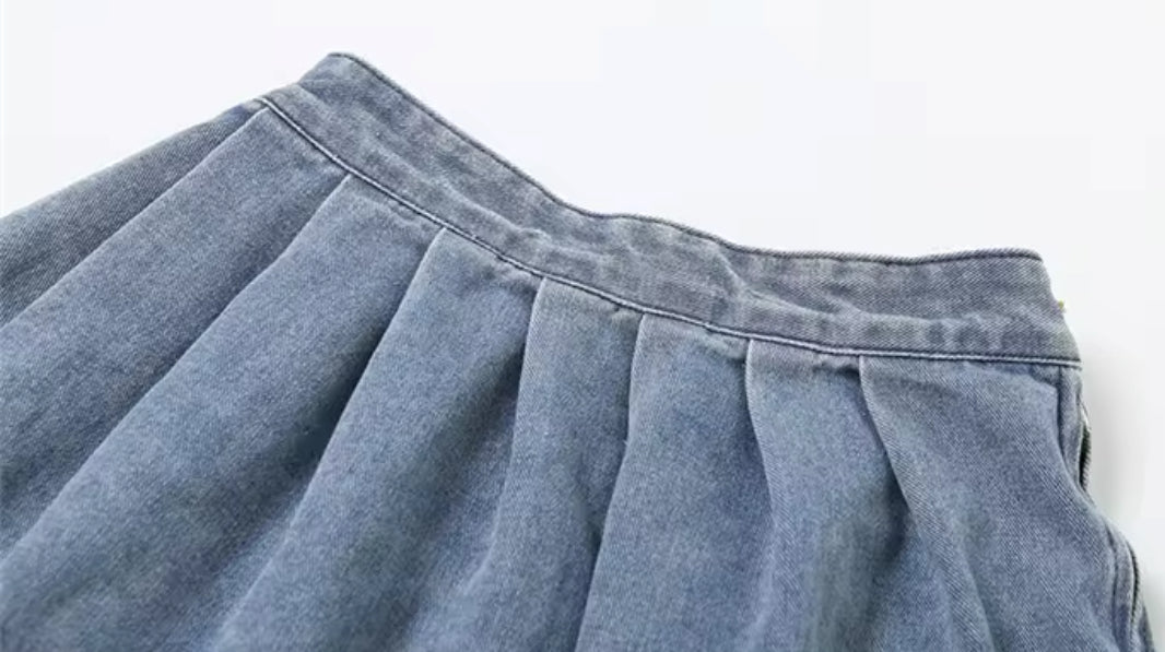 “Denim Y2K” Pleated Denim, Fashion Streetwear, Hipster A-Line Skirt Bottoms