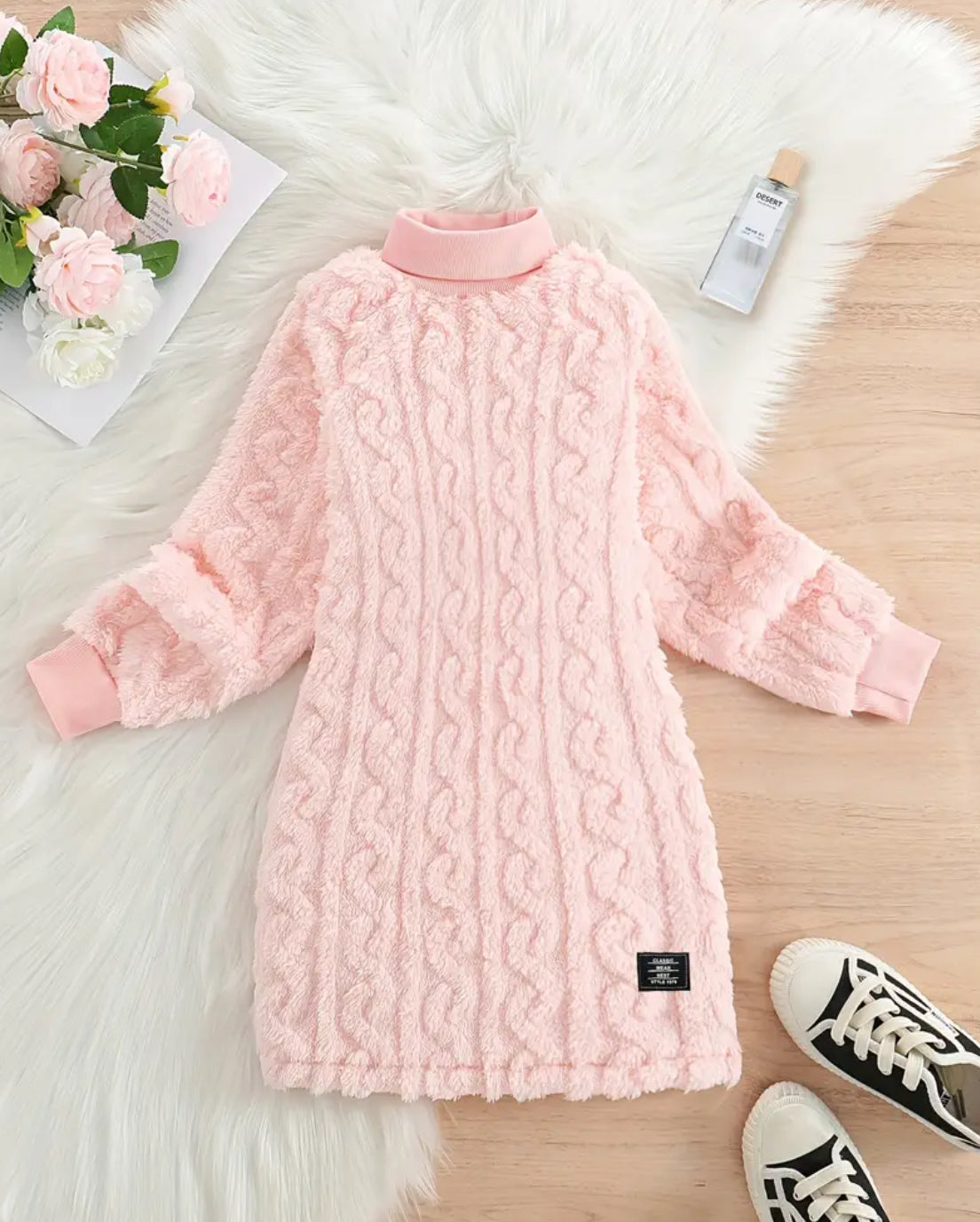 Cozy Girls Fleece Dress - Casual Solid Color with Cable Knit Pattern