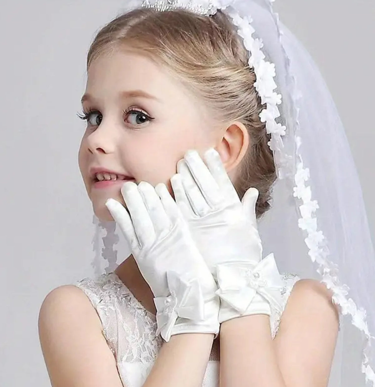 1pair Children's Decorative Bow Satin Flower Girl Gloves