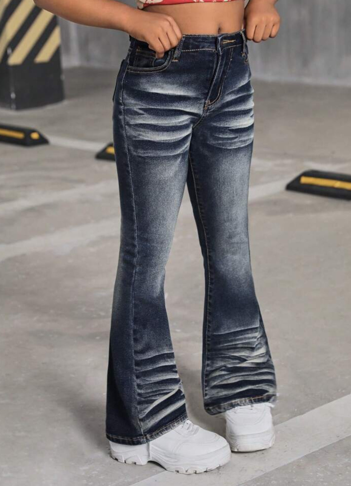 Flare Leg Jeans With Slanted Pocket, Retro Washed, Tweens Y2K Trend