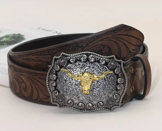 Embossed Bull Head Buckle, - Versatile Casual Wear for Jeans & Dresses, Premium Faux Leather Western Belt