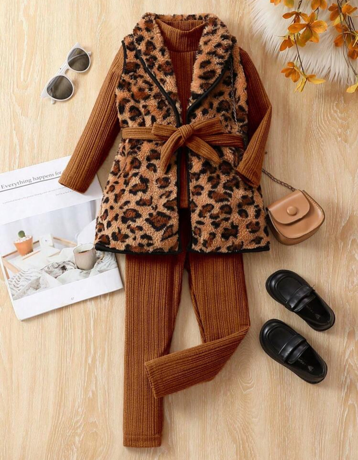 “Girls Leopard Belted Vest Coat, Leggings & Long Sleeve Blouse