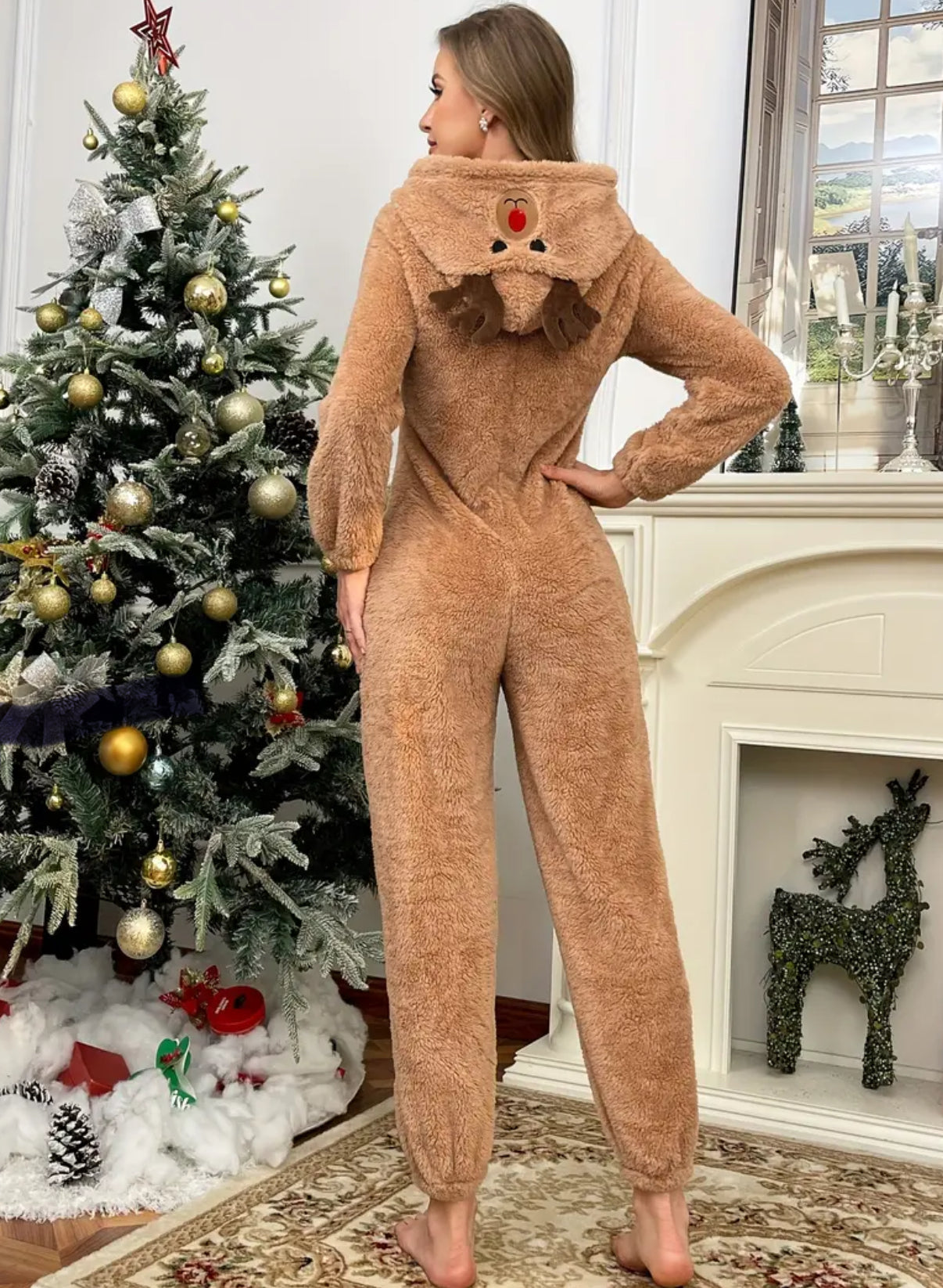 “Rudolph” 🦌 Reindeer Onesie Pajamas, Flannel Plush Warm Sleepwear with Hood, All-Season, Adult Size