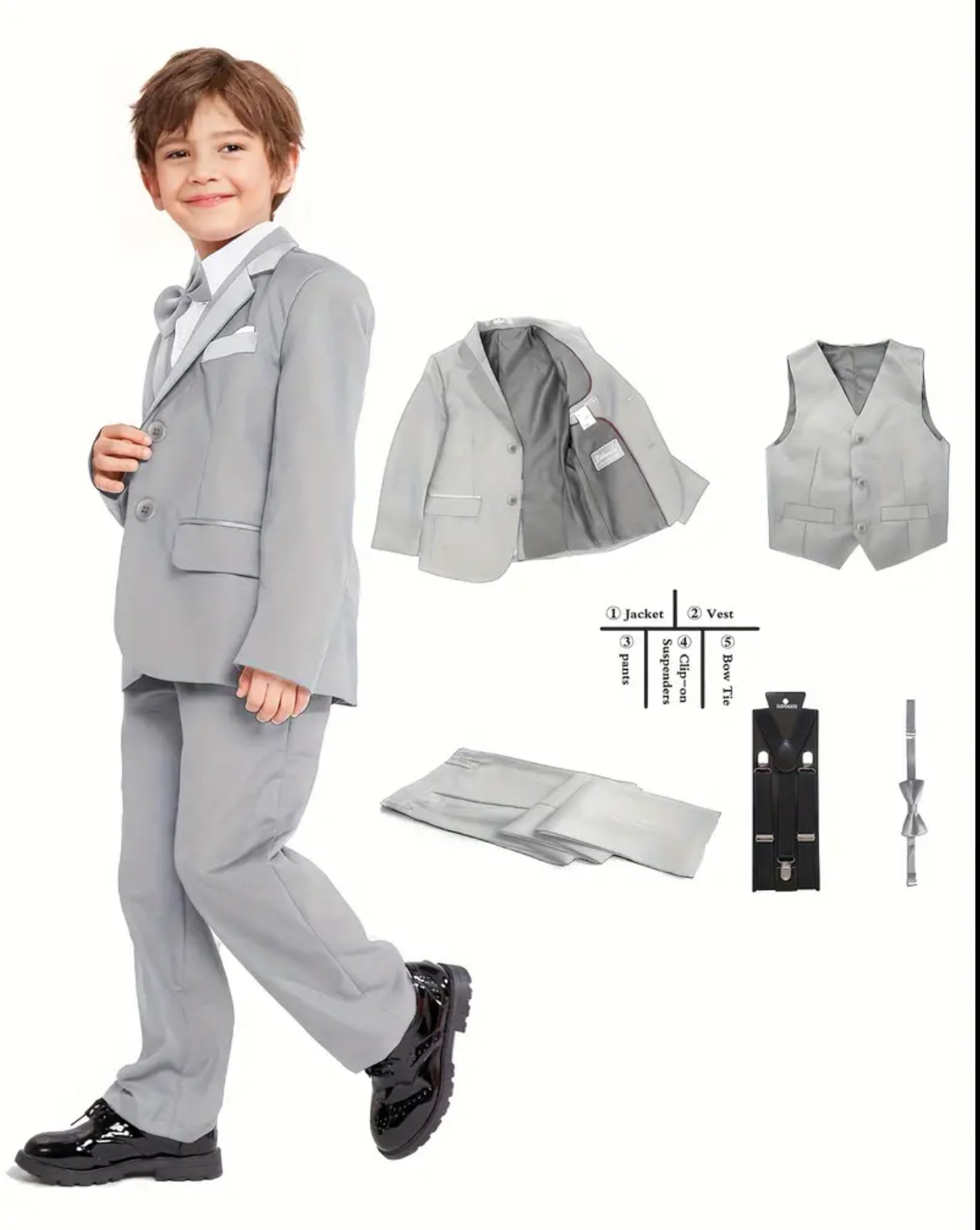 5pcs Boy's Gentleman Suit,  Jacket & Long Sleeve, Plain Color Shirt, Pants, Vest, Tie & Strap