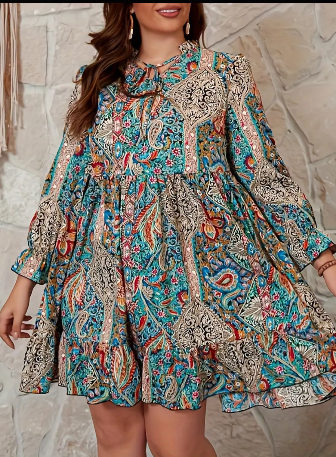 Vestido con estampado de cachemira bohemio, mangas con volantes, cuello anudado y dobladillo con volantes, ligeramente elástico, para mujer, talla grande