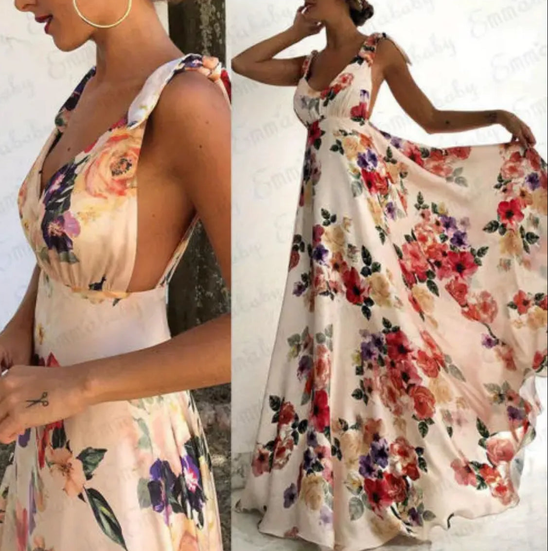 Vestido largo con tirantes anudados y escote en V elegante y espalda descubierta con efecto "Big Swing" 🌺