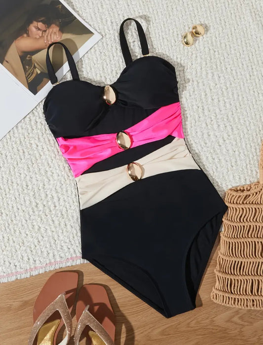 Women'S Hollow Out One-Piece Swimsuit with Tricolor Beads