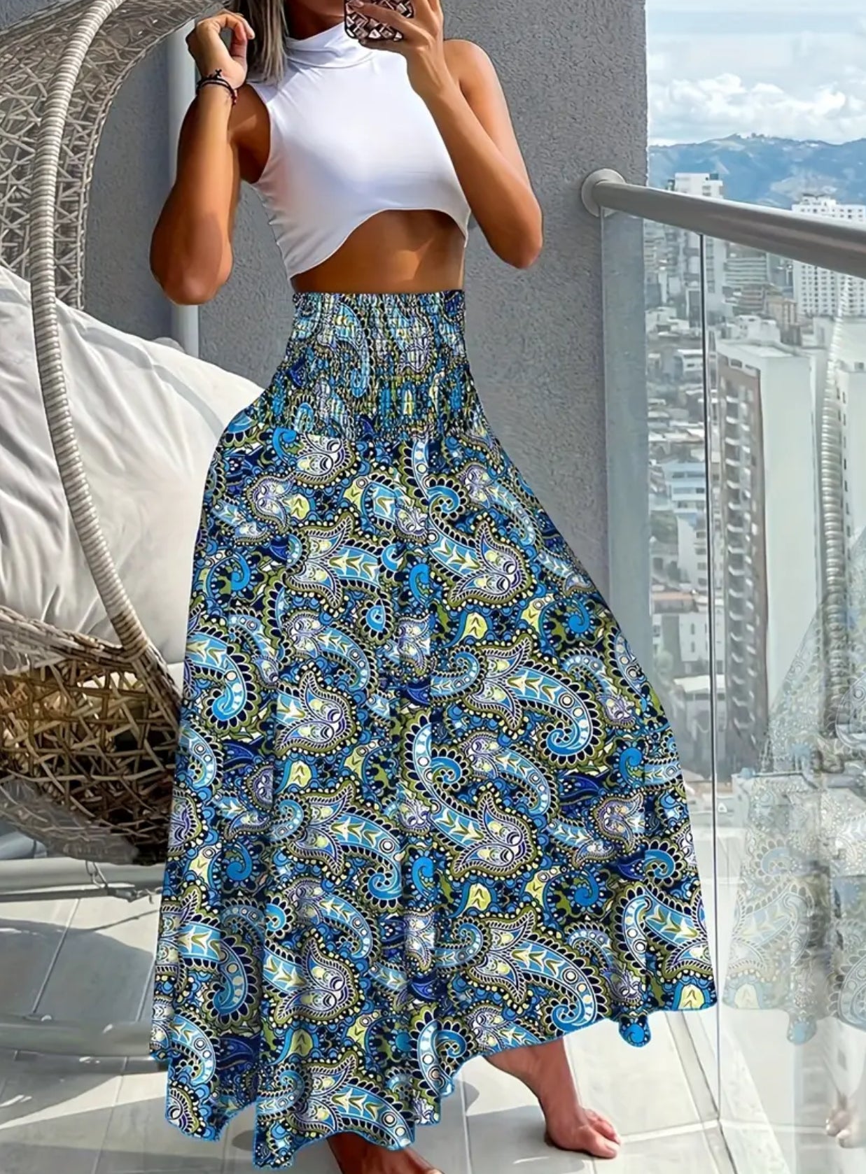 “Boho Floral” Shirred Waist, Floor Length, Wide Leg Pants 🔹