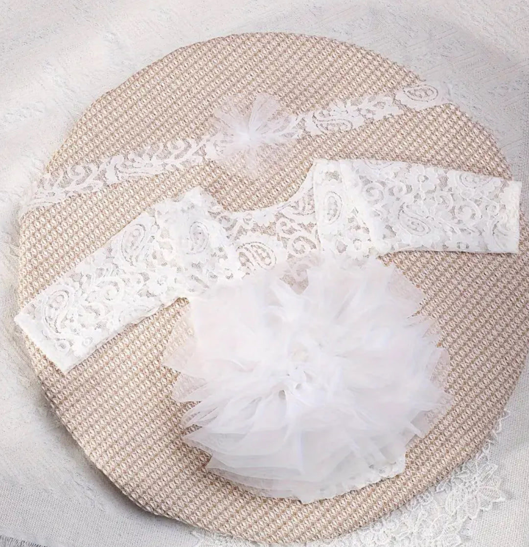 “Angel Baby” 2pcs, Lace Tutu & Floral Headband Set - Perfect for Photoshoots, Holidays, Baptisms 🤍