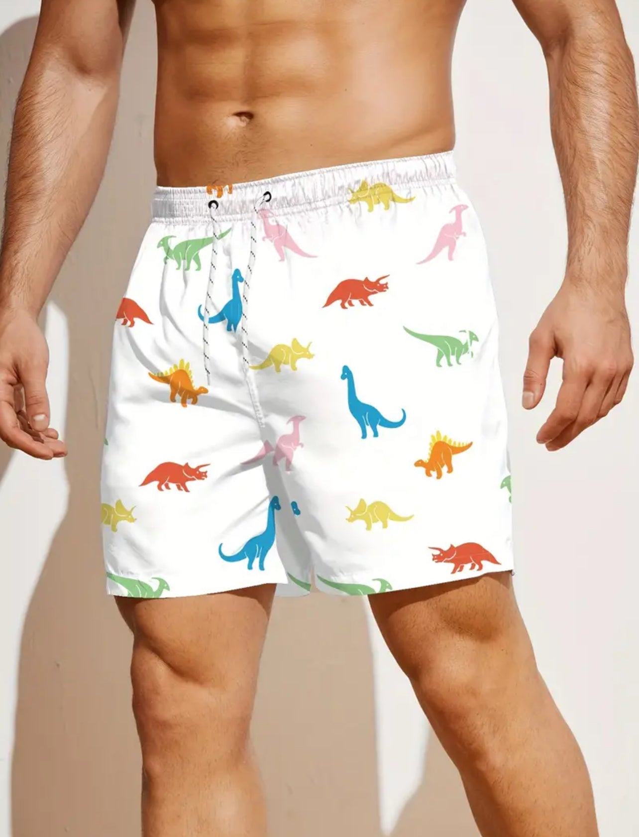 Sugar 🎩 Daddy Collection, Men's Loose Beach Shorts, Drawstring Quick Dry Dinosaur Pattern